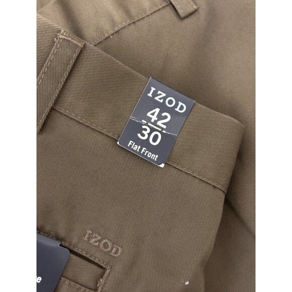 IZOD Mens American Chino Pants Size 42x30 Brown Twill Flat Front Khakis NWT $60 - Picture 6 of 9